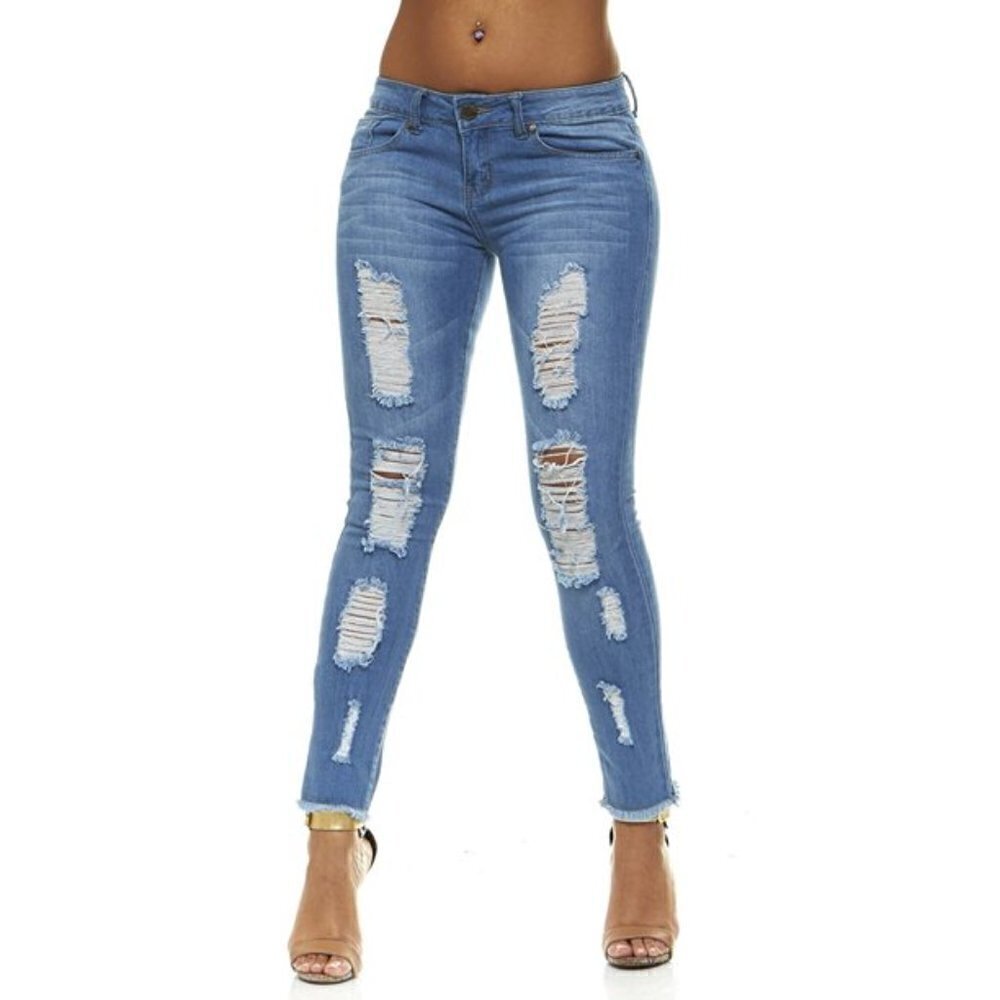 Vibrant Women's Juniors Skinny Jean Distressed Raw Hem Medium Wash Stretch